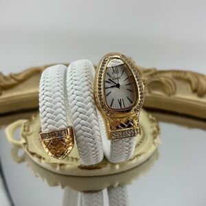 White Braided Wrap Watch with Gold & Crystal Accents – Bracelet Style